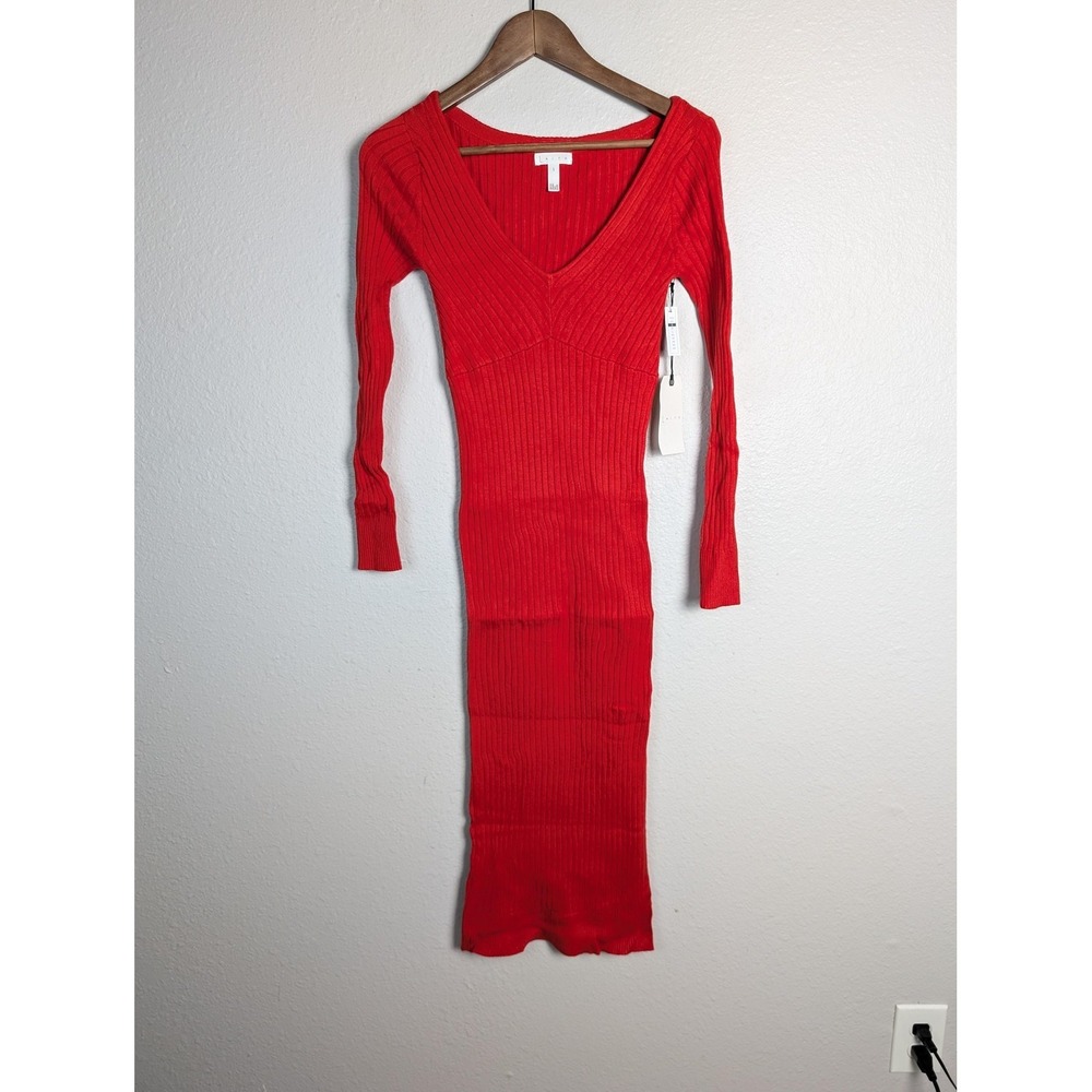 Leith Red Ribbed Bodycon Sweater Dress NWT S V-Neck Long Sleeve Knit‎ Nordstrom